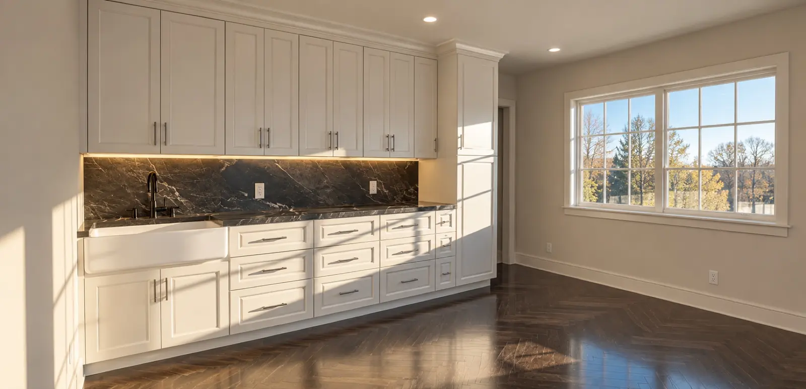 A kitchenette and pantry addition with white cabinetry, dark stone backsplash, and herringbone flooring, built by Riverstone Builders